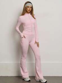 PinkTip Bộ đồ thể thao nữ Pink Tip màu trơn không đường may, áo khoác và quần legging co giãn, quần mềm mại ôm sát nâng mông, trang phục thể thao thường ngày cho tập thể dục, chạy bộ, yoga, pilates mùa xuân. - Hồng - Xem 3