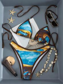 新款串珠露背系带印花比基尼套装，性感迷人，适合海滩、度假、派对等场合。 - 彩色 - 查看 1