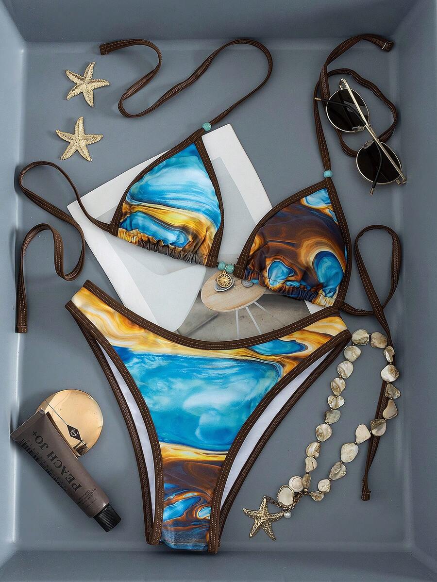 新款串珠露背系带印花比基尼套装，性感迷人，适合海滩、度假、派对等场合。 - 彩色 - 查看 1