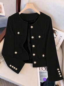 YooLy Spring Elegant Thin Front-Button Tweed Coat,With Lining,Commute-Friendly ﻿ ﻿