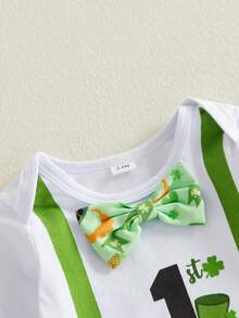 Conjunto de primavera para bebé niño con estampado de trébol y gorro de copa, mono de manga larga, pantalones y gorro de 3 piezas, ropa bonita para festivales de ocio, ideal para 0 a 18 meses - Verde - Ver 9