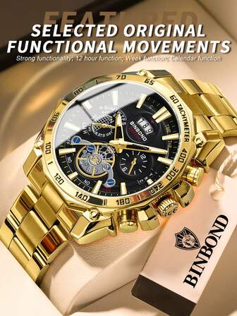 BINBOND Luxury Men Quartz Watches Fashion Decorative Dial Casual Military Sports Wristwatch Stainless Steel Waterproof Men's Clock