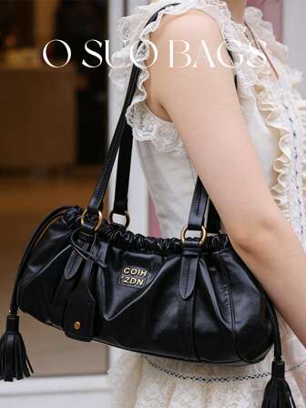 Bolso de mujer de unicolor vintage de piel de PU, bolso de hombro plisado con cierre de cordón, bolso de nube ligero con doble asa para ir y venir, otoño/invierno