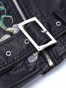 大码女式刺绣PU皮机车夹克，适合秋冬季节穿着，腰部可调节，适合通勤和休闲穿着，黑色 - 黑色 - 查看 6