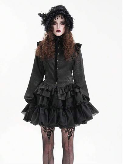 Devil fashion Gothic Style Stand Collar Petal Sleeve Lolita Waist Cinched Blouse, Tea Party