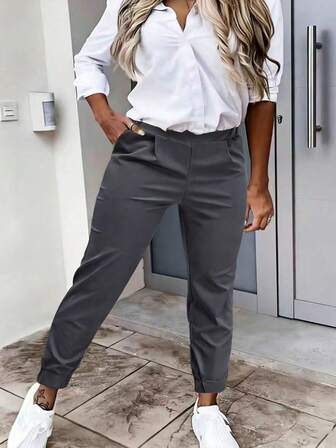 大码女式休闲舒适抽绳腰长裤，百搭