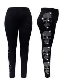 Plus Size Women Skull Rhinestones Decorated Leggings - Black - View 4