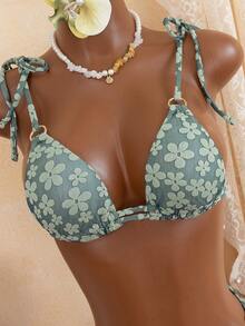 新品春夏绿色碎花面料性感金属环比基尼套装 - 綠色 - 查看 4