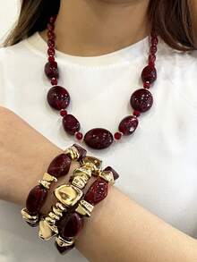 4pcs Vintage Boho Thick Multi-Layer Burgundy Acrylic Beaded Bracelet/Necklace Set, Luxury High-End For Women, Couples, Party, Daily Wear - Burgundy - View 4