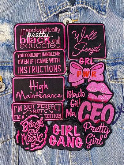 3/6/12pcs Pink English Letter Series Embroidered Patches, Cute Cartoon Girl Pattern, Polyester Material, Badge Stickers, DIY Clothing Iron-On Patches, Sewing Accessories, Suitable For Backpacks, Jeans, Jackets, T-Shirts, Hats, Dresses, Etc.