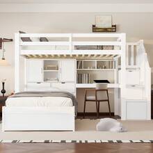 Loft Bed (90 X 200 Cm) With Integrated Desk And Staircase, Storage Compartments And Shelves, White - White - View 1