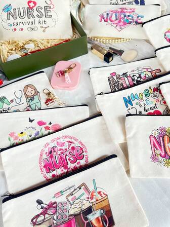 Nurse Theme Canvas Bag With Zipper Survival Kit Bag Medicine Bag Letter/Flower/Leopard/Heart/Rainbow Pattern Print Funny Makeup Pouch Portable Toiletry Bag For Nurse Travel Make Up Organizer Makeup Storage Cosmetic Bag Wash Bag Bathroom College Dorm Travel Stuff Multifunctional Cosmetic Organizer Cute Wallet Pouch Coin Pursefor Hospital Use Home Decor Bathroom