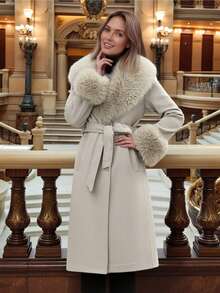 Women's Wool Blend Coat With Faux Fur Collar, Cuffs And Belt - Fashionable Long Jacket For Cold Weather - Beige - View 3