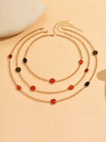 3pcs/Set Fashionable Multi-Layer Metal Necklace, Geometric Minimalist Colorful Acrylic Necklace Jewelry For Women, Suitable For Daily Wear. Chain Length Can Be Customized. - Multicolor - View 2