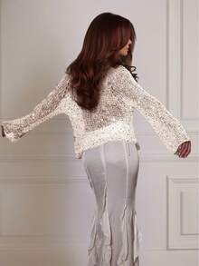Yuwenier Sexy Sheer Mesh Sequin Crochet Batwing Long Sleeve Loose Cover Up, Carnival Party White Spring - White - View 3