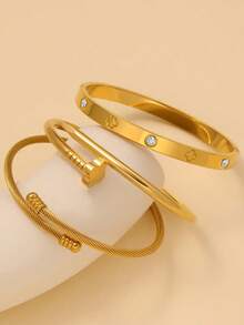 3pcs Fashionable Stainless Steel High Quality Flower Zirconia Women Nail Bangle Bracelet Jewelry Set, Suitable For Daily Wear - Gold - View 4