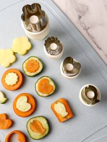 Conjunto de 4 moldes de aço inoxidável prensados em formato de flor e peixe, ideais para fazer bolinhos, raviólis, legumes, frutas e biscoitos. Utensílios de cozinha multifuncionais e criativos, perfeitos para preparar massa borboleta de legumes, massa para bolinhos, biscoitos de desenho animado e papinhas para bebês. Moldes criativos prensados. - Multicolorido - Ver 4