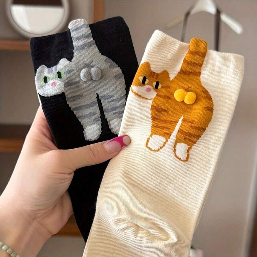 2 Pairs/1 Pair (Buyer's Choice) Cute 3D Tabby Cat Socks With Booties-Like Paws And Bell Collars - Unisex Warm Winter Socks, Unisex Thick Casual Socks (Machine Washable) - Nhiều màu - Xem 1