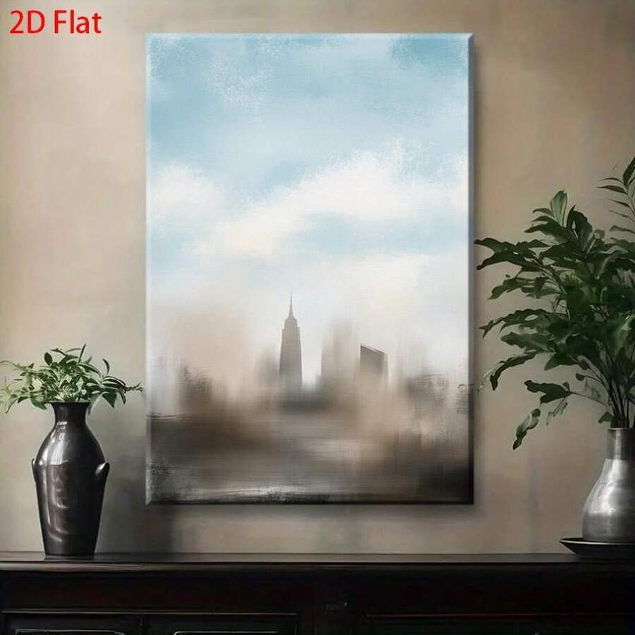 Modern Minimalist Skyline Wall Art - 2D Flat Cityscape Painting With & One World Trade Center, Blue & White Hues Wood Frame Wrapped Canvas For Living Room, Office, Study - Iconic Manhattan Skyline Decor, 2D Flat - Nhiều màu - Xem 1