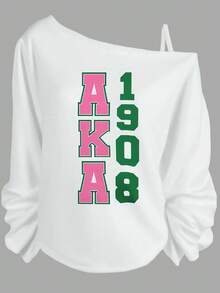 AKA 1908 Black Off - The - Shoulder Sweatshirt With Long Sleeves, Gathered Wrists, Bold Pink Green Letters & Numbers - Casual Crew Neck Pullover For Fans-Women's Winter Tops, Loose-Fit Casual Sports Style, Christmas & New Year Outfits For Plus Size, Relaxed & Easy Feel - 白色 - 查看 1