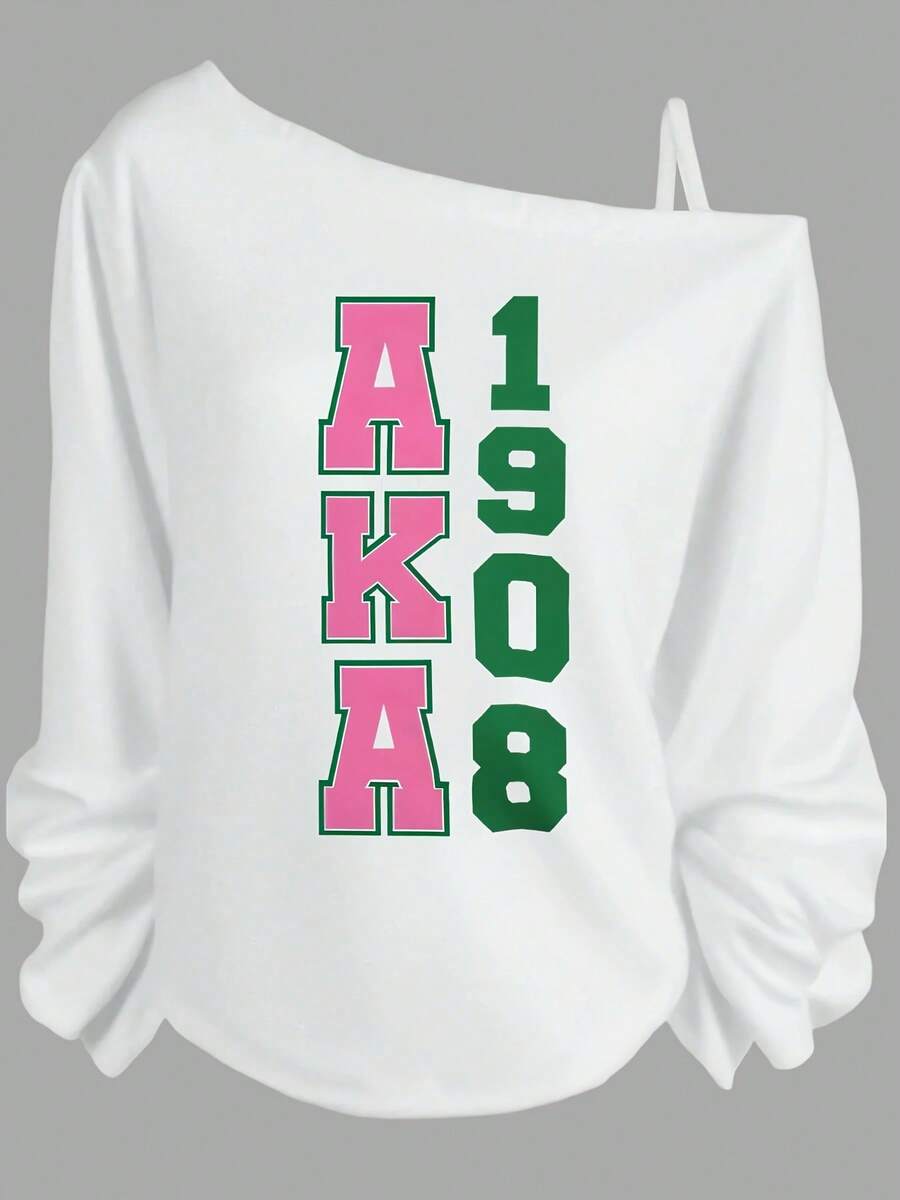 AKA 1908 Black Off - The - Shoulder Sweatshirt With Long Sleeves, Gathered Wrists, Bold Pink Green Letters & Numbers - Casual Crew Neck Pullover For Fans-Women's Winter Tops, Loose-Fit Casual Sports Style, Christmas & New Year Outfits For Plus Size, Relaxed & Easy Feel - 白色 - 查看 1