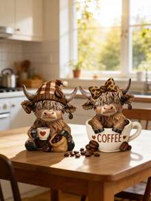 1/2pcs Coffee Highland Cow Figurine, 3D Highland Cow Statue, Farm Cow Decor, Seasonal Holiday Decoration For Christmas, Thanksgiving, Valentine's Day, Gift For Cow Lovers, Coffee Shop Decor, Cute Animal Design - Multicolor - View 6