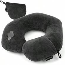 Inflatable Travel Pillow, Inflatable Neck Pillow Traveling Airplane, Travel Pillow With Soft Velour Washable Cover, U Shape Blow Neck Pillow Airplanes Train Car Travel - Xám đậm + Trung bình - Xem 2