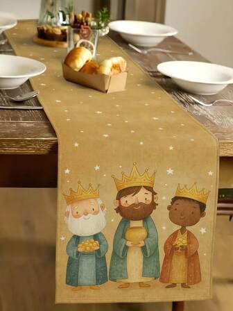1pc Three Kings Day Pattern Table Runner, Three Kings Day Linen-Like Table Runner, 1pc Table Runner, 4pcs Placemats, 1pc Cushion Cover, 3 Products Available, Seasonal Home Decor For Indoor/Outdoor Party, Winter Home Decoration, Three Kings Day Decor, Three Kings Day Room Decor, Three Kings Day Party Decoration