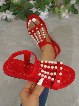 1 par de sandalias planas de verano nuevas, sandalias planas elegantes, sandalias rojas/blancas de moda retro, zapatos de mujer con tachuelas, zapatos de estilo vacacional de playa, diosa elegante, estilo universitario preppy, de vanguardia, vacacional, de playa, bohemio, casual, de piel de PU, hebilla, playa, festival, boda, universidad, vacaciones, fiesta, oficina, hogar, exterior, primavera/verano/otoño, sandalias de mujer