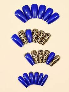 24 miếng dán móng tay hình quan tài in họa tiết da báo, móng giả acrylic màu xanh đậm, thích hợp sử dụng hàng ngày. - Nhiều màu - Xem 4