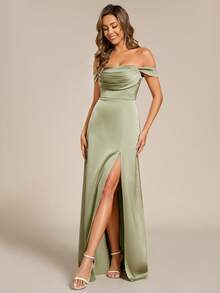EVERPRETTY Elegant Solid Color High Slit Off-Shoulder Formal Evening Dress, Suitable For Formal Occasions Such As Balls, Galas, Graduation Parties Wedding Spring Party - Green - View 5