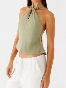 Women Summer Sleeveless Backless Halter Top Back Tie-Up Solid Camisole Top Y2k Going Out Shirts - 軍綠色 - 查看 3