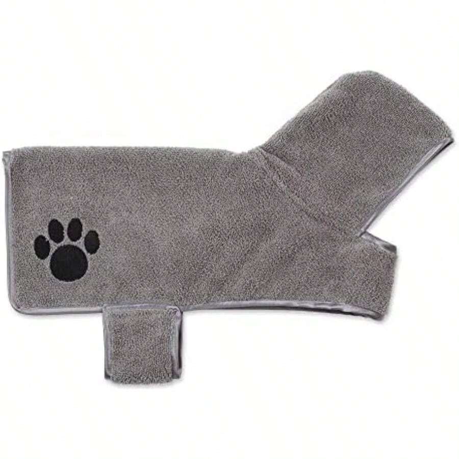 Bone Dry Colección Pet Robe - Bata de baño de Microfibra Absorbente Bordada con Cierre Ajustable, para Perros y Gatos, Talla S, Color Aguamarina(Pequeño Gris) - Multicolor - Ver 1