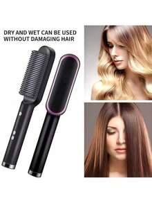 Straightening Comb, Heated Hair Straightener Brush, Reduces Frizz, Anti-Scald Design, Gift For Women, Dual Voltage, Multi-Function Hair Styling Brush For Personal Care - Black - View 3