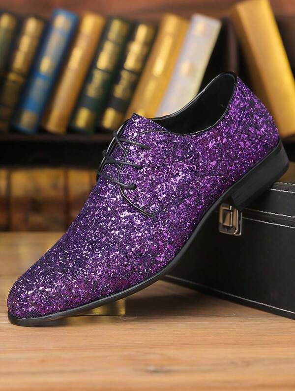 Men's Glitter Sequins Lace-Up Oxford Dress Shoes, Pointed Toe Non-Slip Sole Comfortable Formal Footwear, Stylish Shiny Dress Shoes For Wedding Prom Evening Party Nightclub Business Events