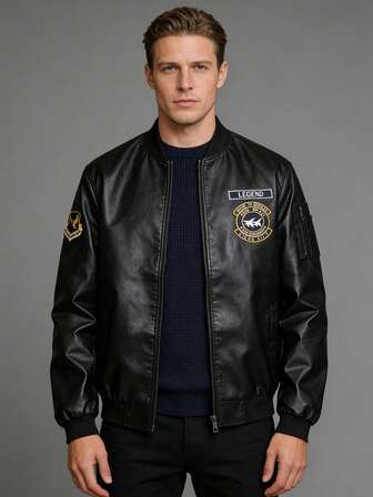 Men's PU Leather Jacket Bomber Casual Outerwear, Spring Autumn Lightweight, Stand Collar Embroidery Print Fashion Long Sleeve