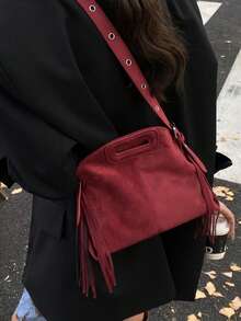 Retro Suede Fringe Handbag, High-End Shoulder Bag - Burgundy - View 3