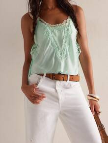 .Women's Y2k Lace Ruffle Camisole Spaghetti Strap V Neck Mesh Satin Camisole Flowy Outfit For Vacation Bar Valentine's Day - 綠色 - 查看 4