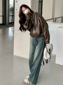 Café Chaqueta de cuero Abrigo Mujeres Chaqueta de cuero Hong Kong Estilo Corto Motocicleta Americana Retro - Marrón - Ver 4