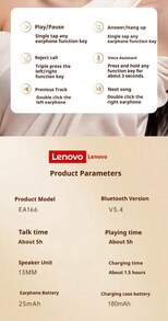 Lenovo EA166 Bluetooth 5.4 Bluetooth Headset: High-Quality Sound, Intelligent Ultra-Clear Call Noise Reduction, IPX5 Waterproof And Sweatproof Rating, Ultra-Low Latency. - Black - View 10