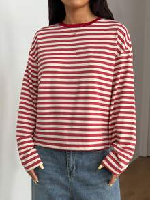 Striped Contrast Ribbed Casual Loose Raglan Top