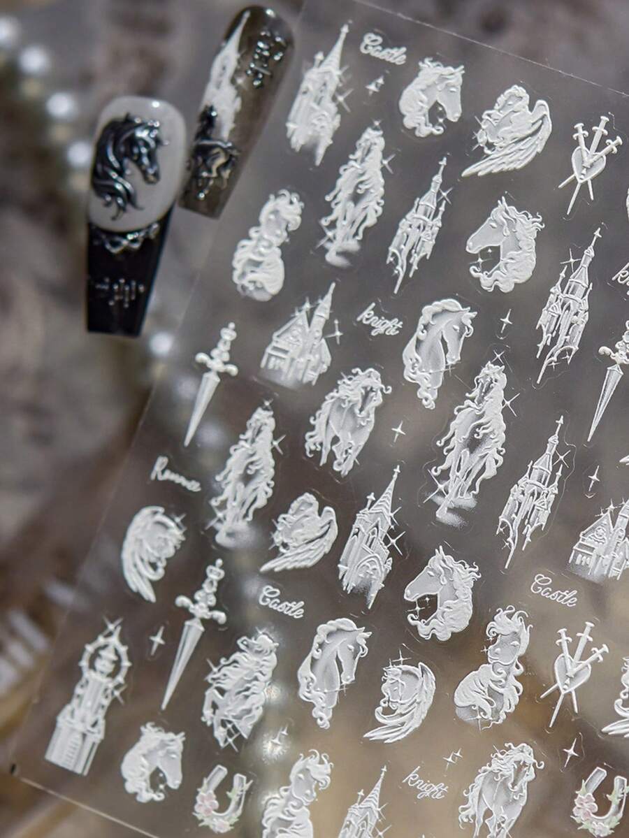 1片白色骏马城堡浮雕复古圣骑士按压式美甲贴纸 5D美甲艺术中世纪优雅马术自粘美甲贴，适合女士精致DIY美甲贴花 - 彩色 - 查看 1