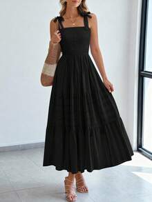 Women Summer Sleeveless Tie Shoulder Strap Smocked High Waist A-Line Long Maxi Dress Boho Beach Holiday Vacation Valentine Sundress With Pockets - 黑色 - 查看 1