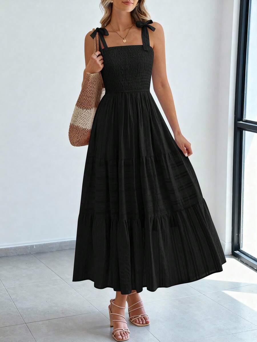 Women Summer Sleeveless Tie Shoulder Strap Smocked High Waist A-Line Long Maxi Dress Boho Beach Holiday Vacation Valentine Sundress With Pockets - 黑色 - 查看 1