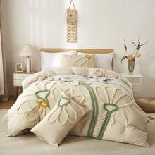 2件/3件套波西米亚风花卉图案被套，卡其色毛绒床品套装，拉链封口，柔软透气，四季皆宜，适合女性和女孩（不含被芯） - 卡其色 - 查看 1