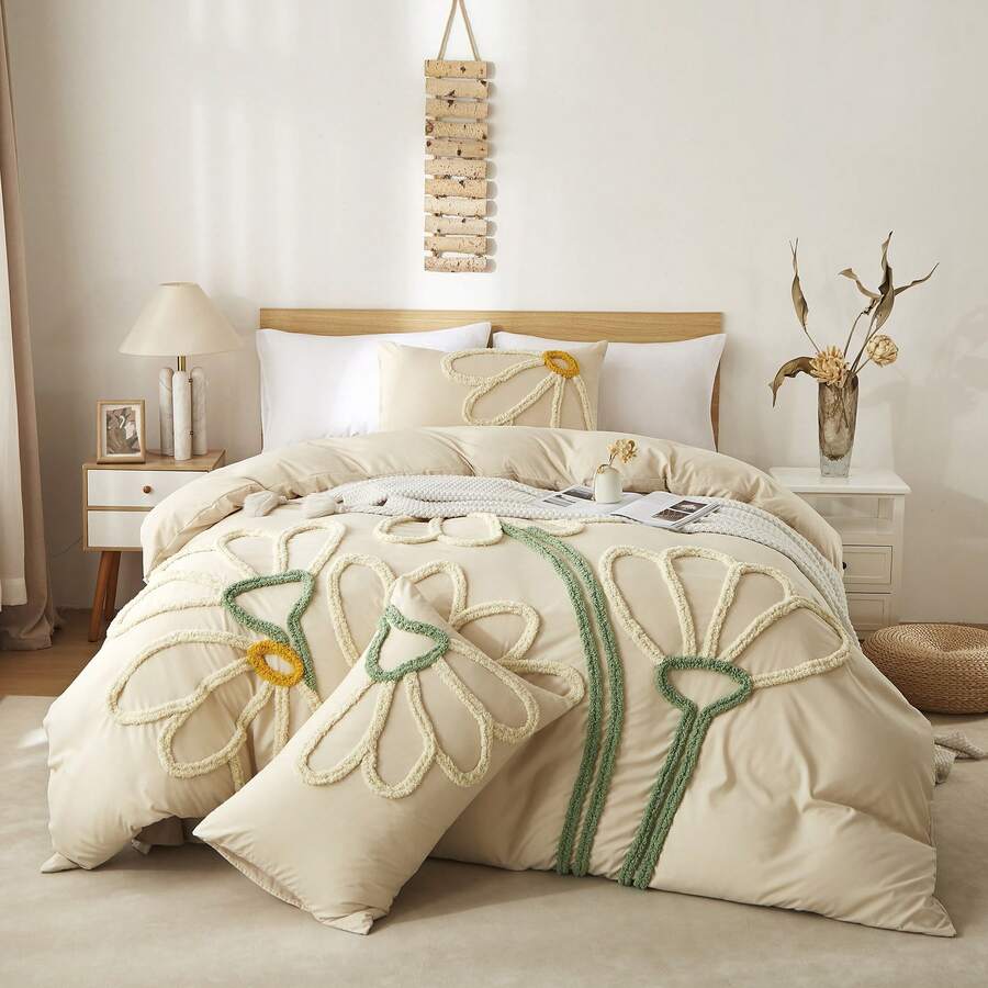 2件/3件套波西米亚风花卉图案被套，卡其色毛绒床品套装，拉链封口，柔软透气，四季皆宜，适合女性和女孩（不含被芯） - 卡其色 - 查看 1