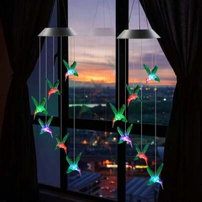 1pc Solar Powered Hummingbird Wind Chime Light, Multi-Color 6 LED Hanging Light, Hummingbird Shaped, Suitable For Patio, Balcony, Outdoor Garden Decor, Party, Holiday Atmosphere (Solar Powered)