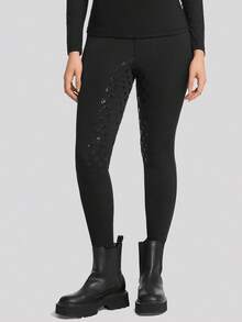 女士全座硅胶防滑马术裤，高腰紧身打底裤 - 黑色 - 查看 3