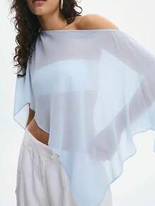 Women Sheer Knit Poncho Y2k See Through Shrug Mesh Cover Up Lightweight Asymmetrical Beach Shawl Cape Top - 淺藍色 - 查看 2