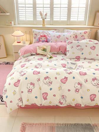  Sanrio Cute Print 3pcs Bedding Set - Hello Kitty/Kuromi/Cinnamoroll/Pochacco (1pc Duvet Cover + 2pcs Pillowcase, No Filling) Cartoon Full Size, Soft & Comfortable, Suitable For Dorm, Home Bedroom, Hotel, All Seasons, With Zipper Closure And Pillowcase, Multi-Color , Oversized Bedding, Oversized Duvet Cover Set